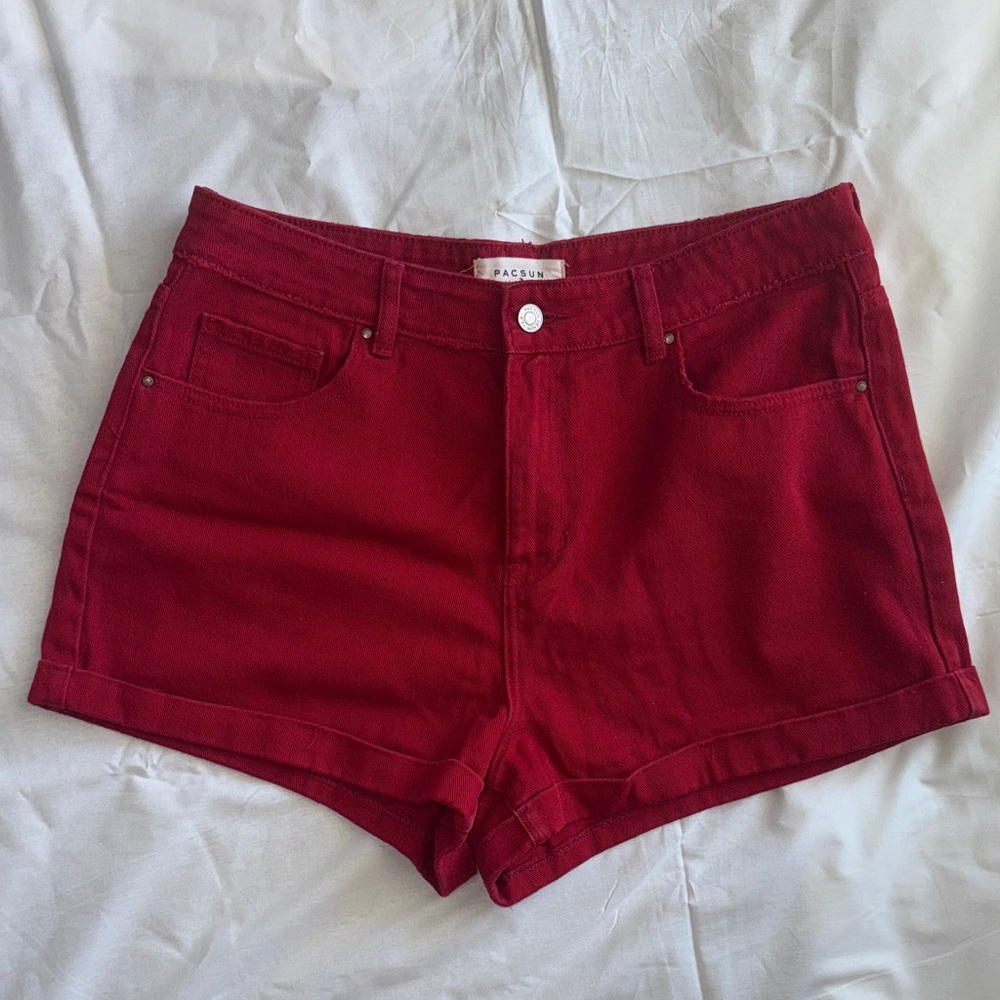 PacSun Women's Red High-Rise Cuffed Denim Shorts